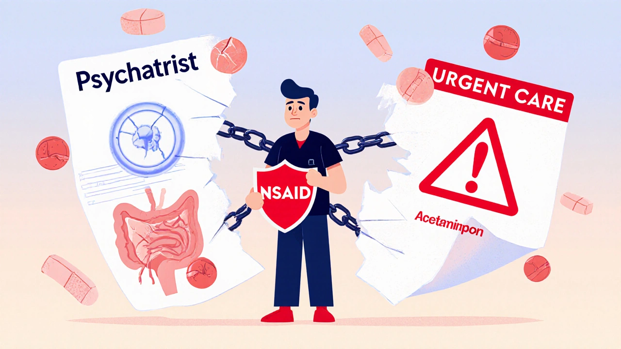A confused patient caught between fragmented medical charts labeled psychiatrist and urgent care.