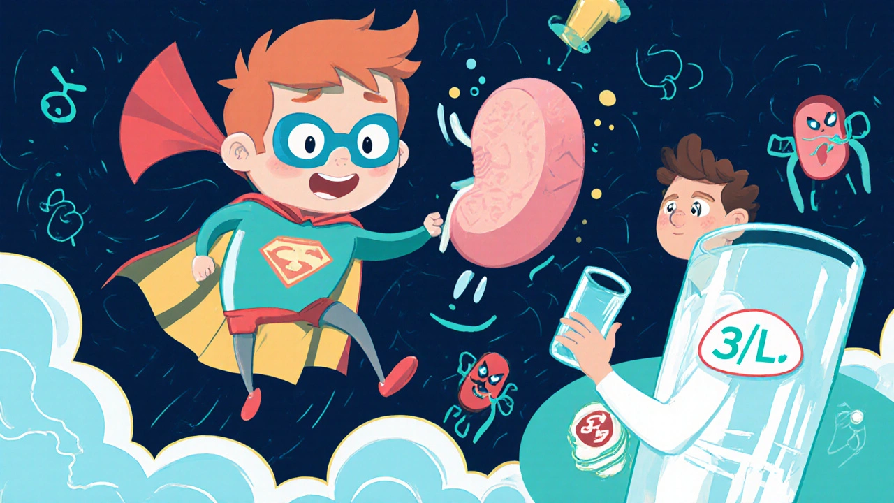 A superhero acetaminophen tablet rescues a kidney from toxic NSAID villains in a vibrant scene.