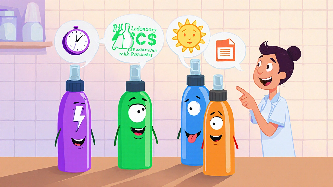 Animated nasal spray bottles with faces display their key features in a clinic setting.
