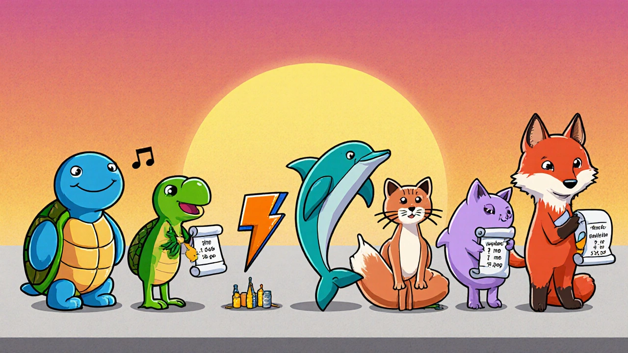 Animated pill characters representing seven alternative antidepressants line up.