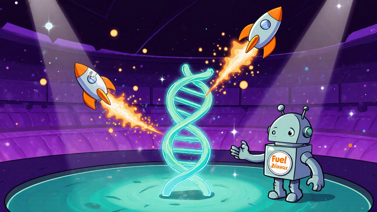 Animated virus DNA strand being stopped by acyclovir molecules inside a cell.