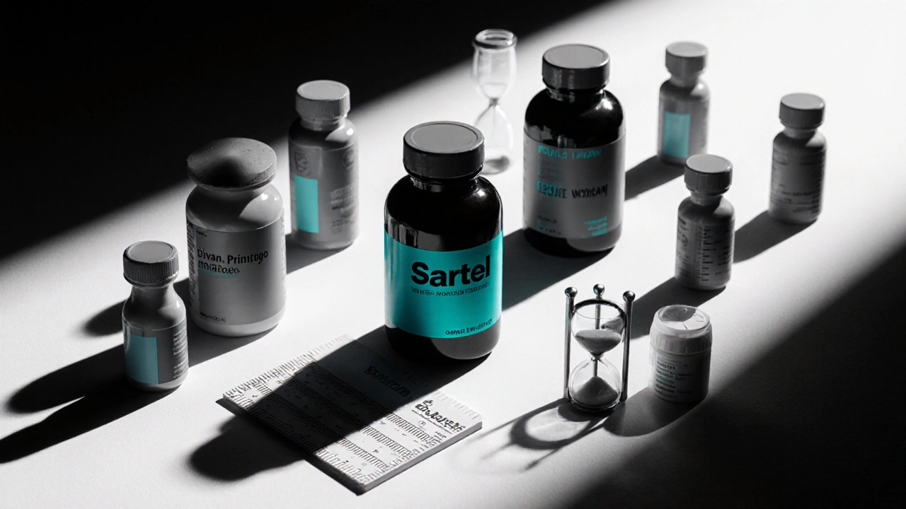 Array of antihypertensive pills on a table with Sartel highlighted in limited color.