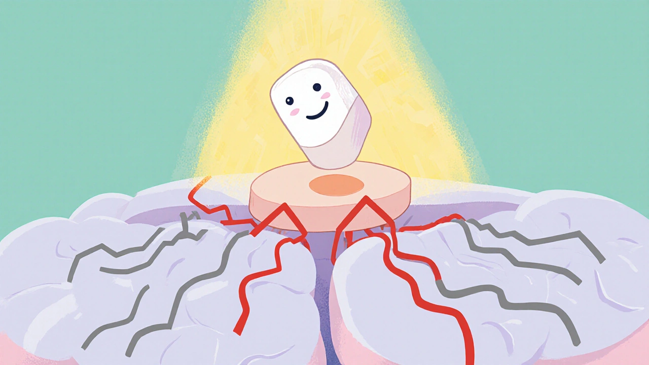 Brain scene with smiling acetaminophen tablet turning red pain signals gray.