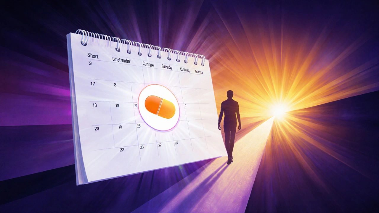 Calendar with a single pill icon beside a silhouetted figure walking toward a sunrise.