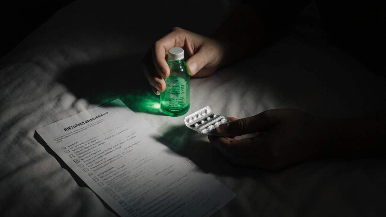 Caregiver holding lactulose bottle and rifaximin pills, emerald accent, checklist on bedside table.