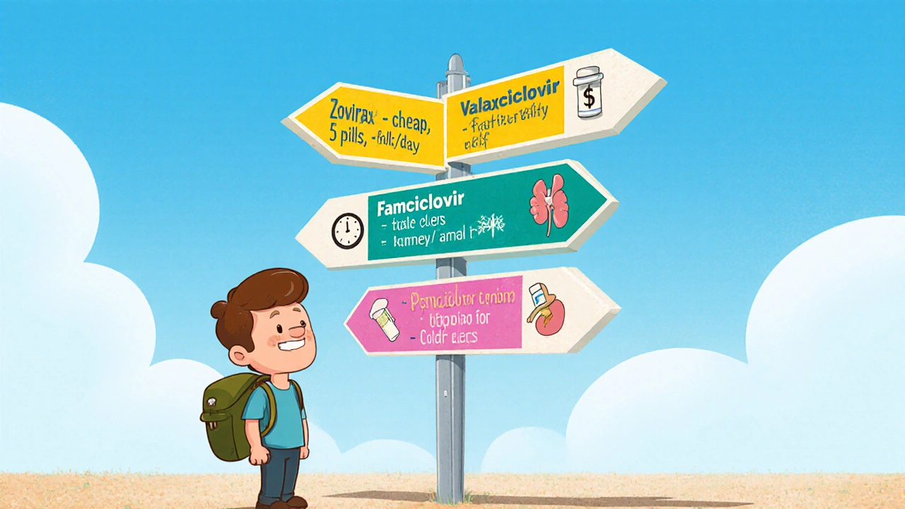 Cartoon character choosing between antiviral options at a signpost showing cost, dosing, and kidney safety.