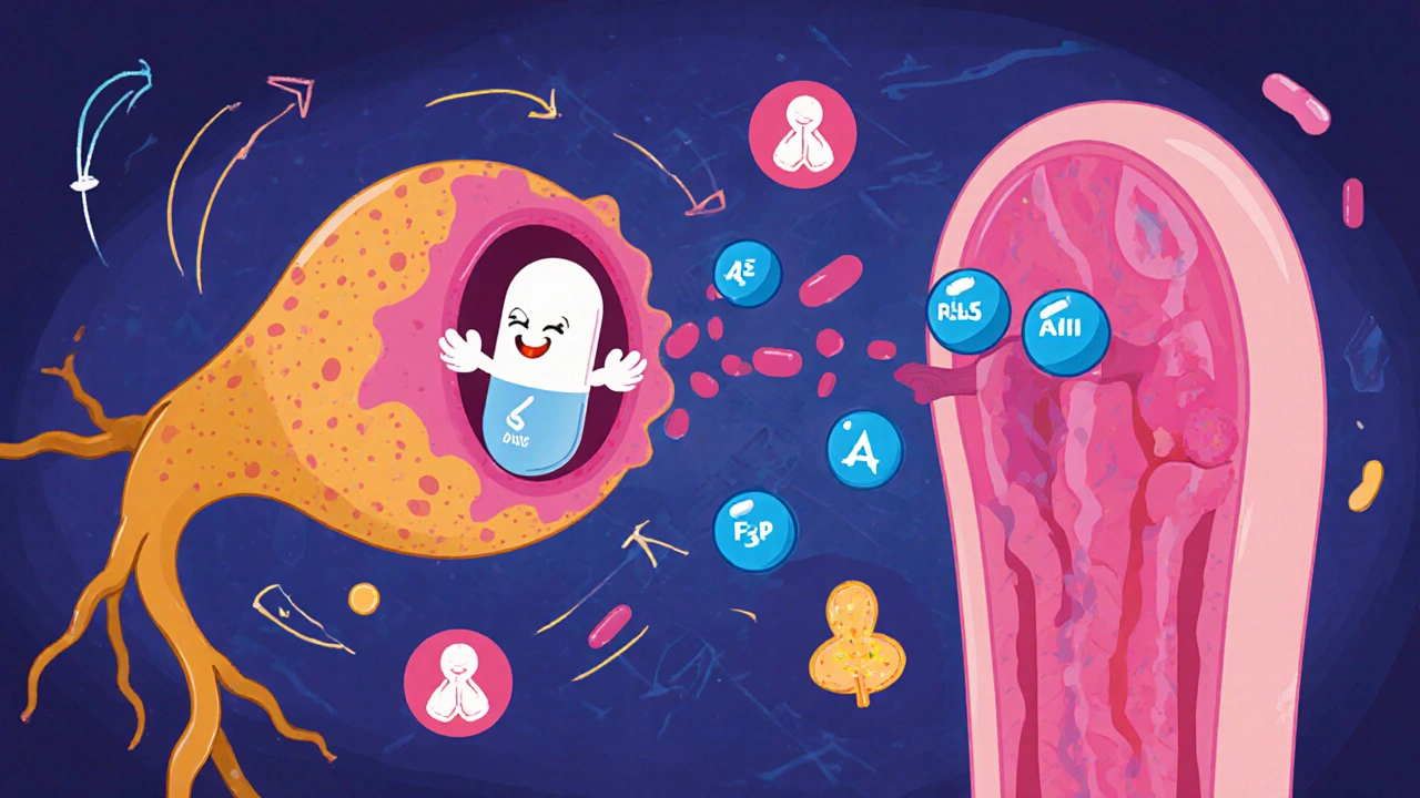 Cartoon showing nitric oxide, cGMP, and Avanafil blocking PDE5 with thyroid icons.