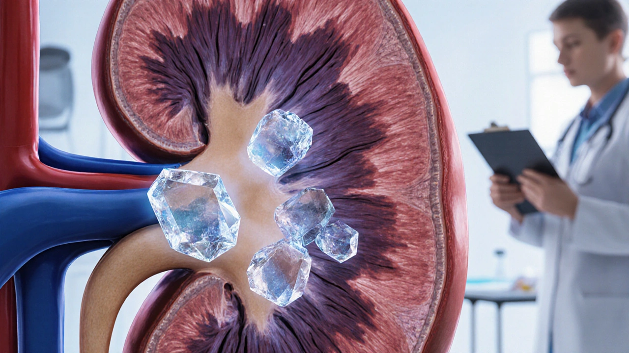 Cross‑section of a kidney showing tiny crystals and translucent Indinavir molecules.