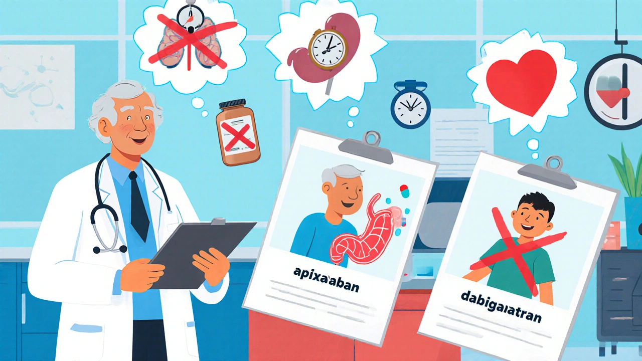 Doctor choosing blood thinners for three different patient profiles with symbolic health risks.