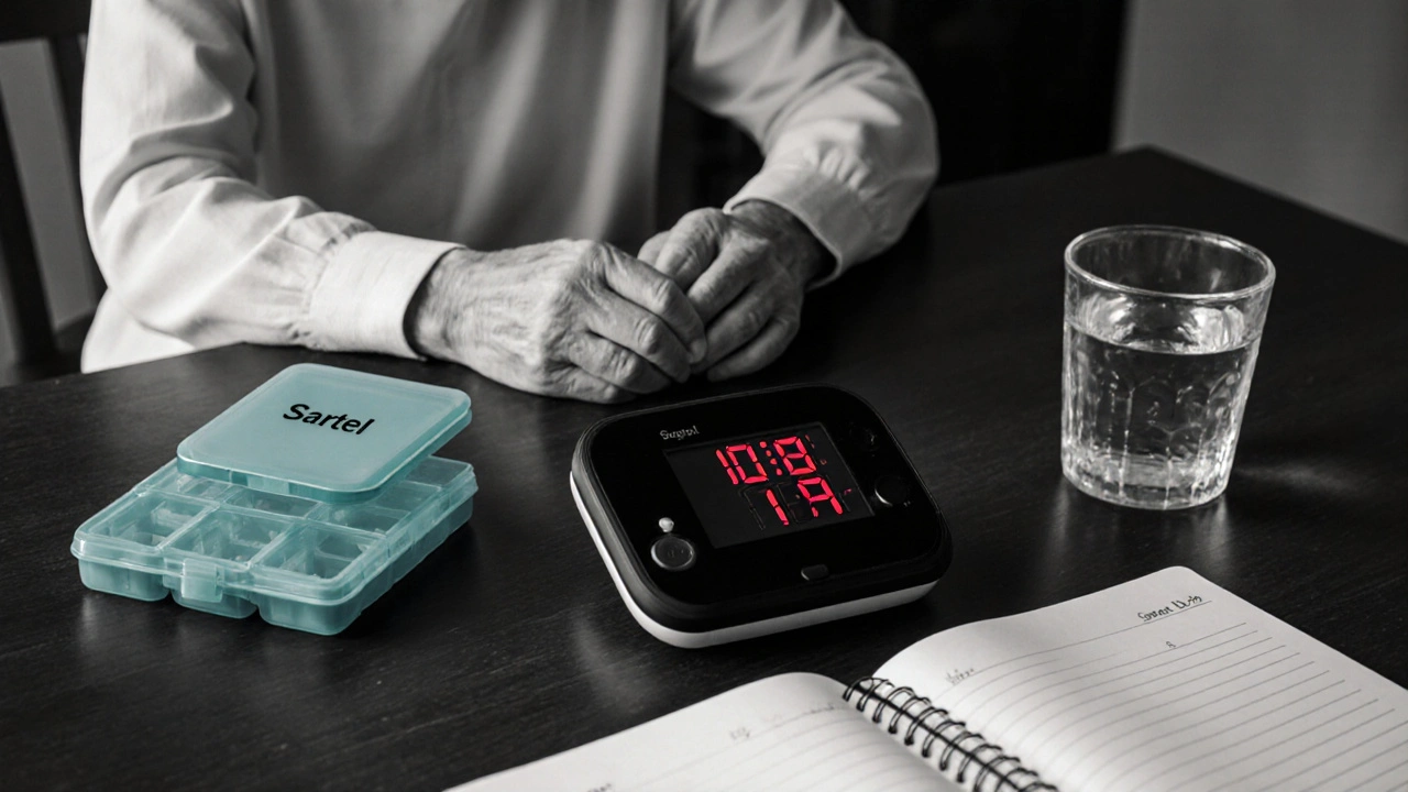 Elderly person checking blood pressure at home with Sartel pills beside the monitor.