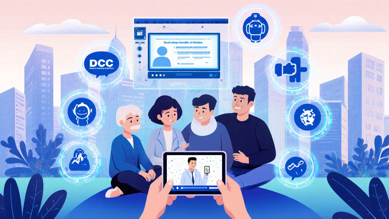 Family watching a flu awareness video while holographic AI chatbot and geofencing alerts appear around them.