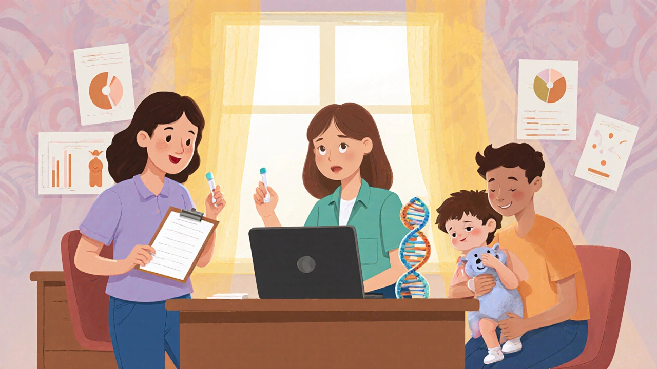 Family with a genetic counselor in a sunny office holding a cheek swab and a DNA model.