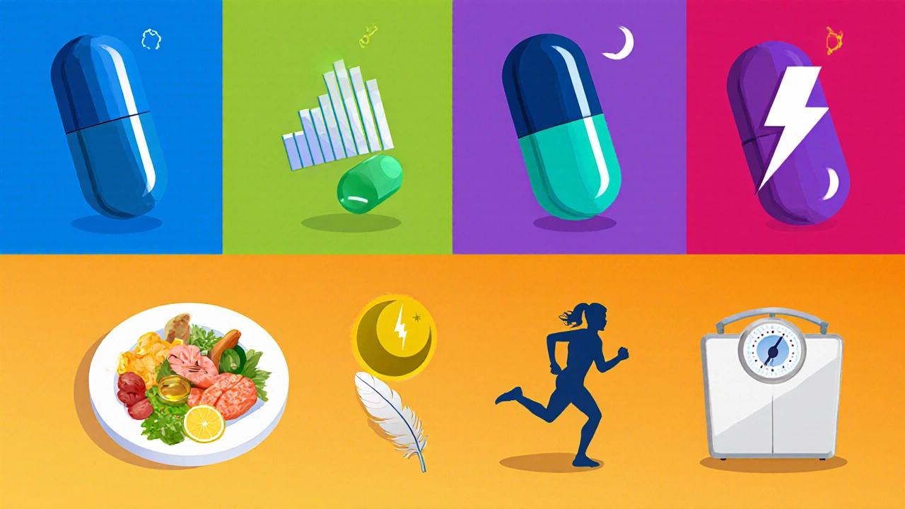 Four-panel digital illustration showing Atorlip, Simvastatin, Rosuvastatin, Pravastatin bottles with icons and a lifestyle panel.