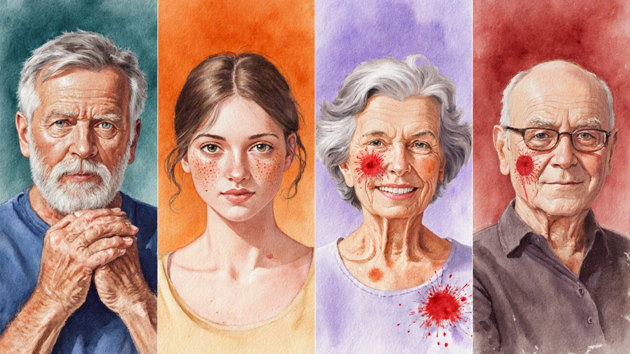 Four watercolor panels showing skin symptoms of different thyroid disorders.
