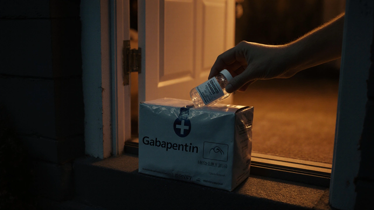 Hand opening a delivery box to reveal a bottle of gabapentin tablets on a doorstep.
