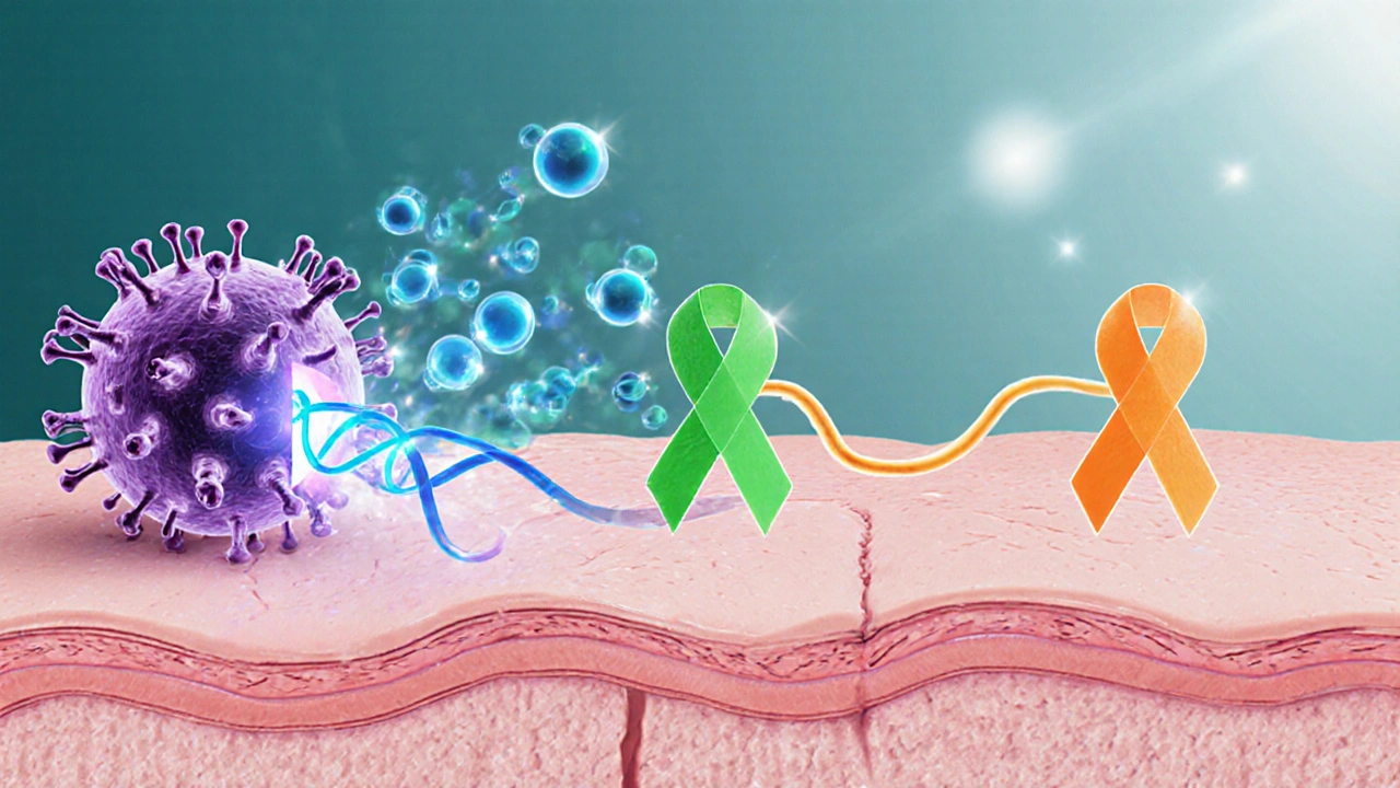 Illustration of HSV virus entering skin cells with aciclovir, valacyclovir and famciclovir molecules blocking viral DNA.