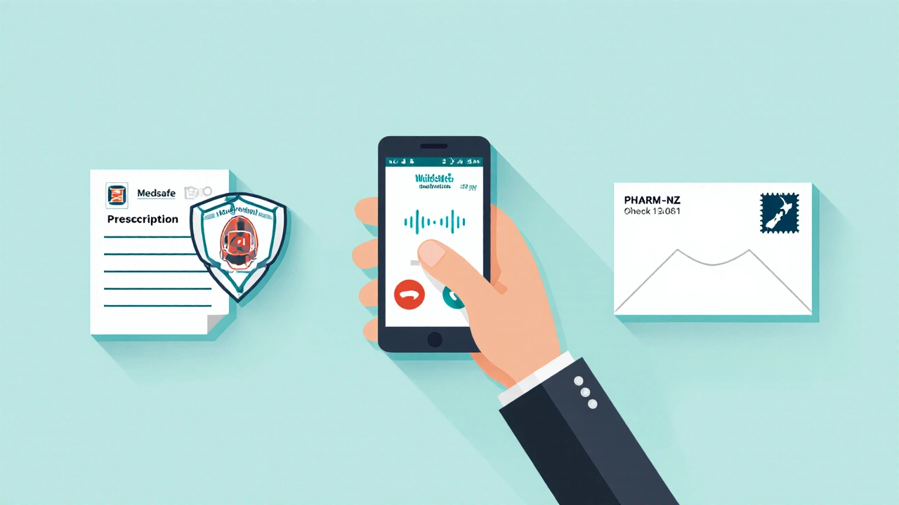Illustration showing three safety checks: prescription, accreditation icons, and phone verification.