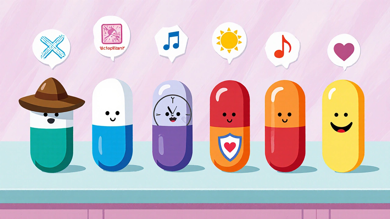 Lineup of animated pill characters representing six antibiotics with subtle side‑effect icons.