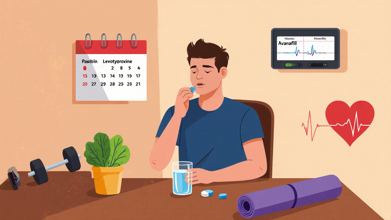 Man taking Avanafil with levothyroxine, calendar, and healthy lifestyle items.