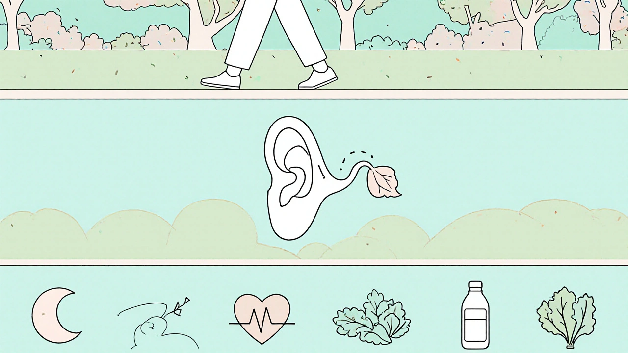 Minimalist illustration of walking meditation, mindful listening, and healthy habits.