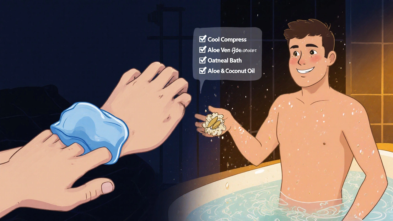 Nighttime routine with cool compress, oatmeal bath, aloe and coconut oil applied, smiling.