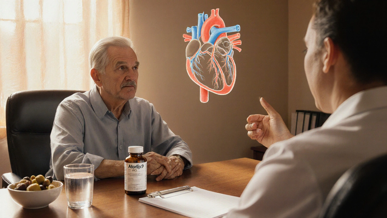 Oil‑painted clinic scene of a patient and doctor discussing treatment with a pill bottle and healthy foods on the desk.