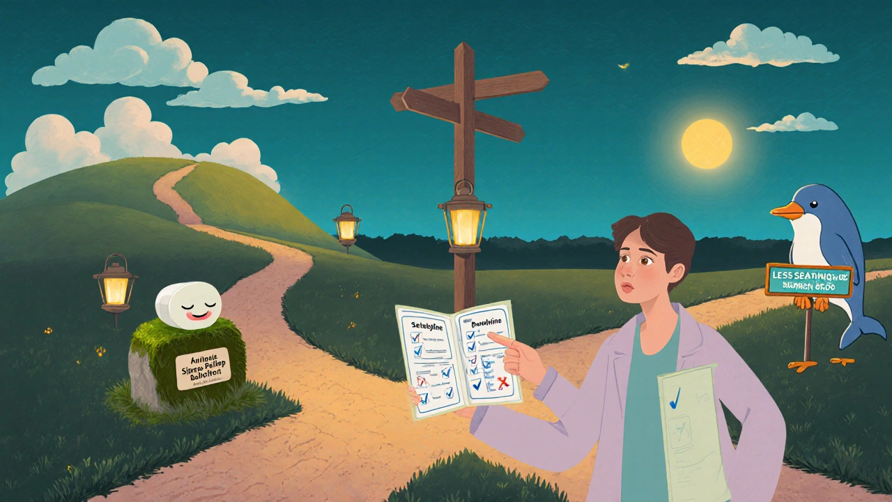 Patient at a crossroads choosing between Amitriptyline for pain and alternatives for fewer side effects.