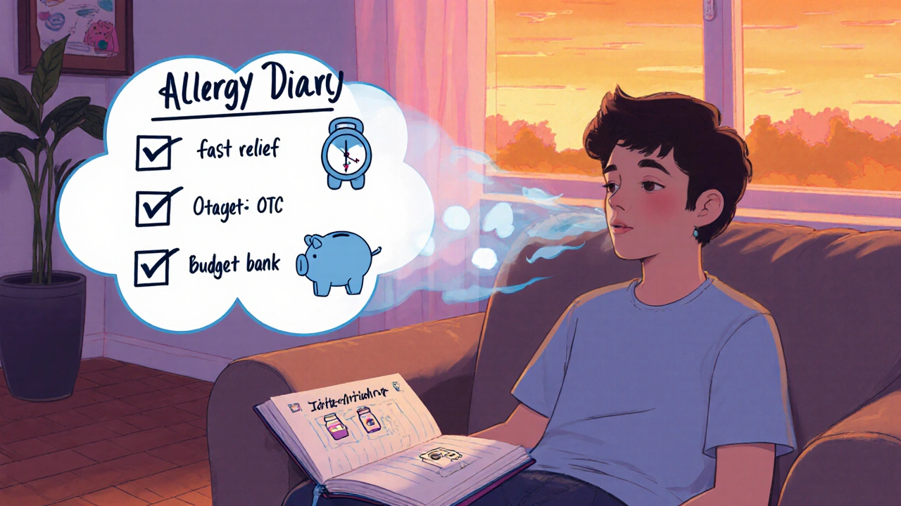 Person relaxes on couch, reviewing an allergy diary with a checklist of spray criteria.