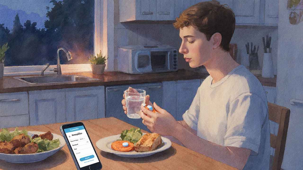Person taking amoxicillin with water and food in a cozy kitchen, smartphone showing prescription upload.
