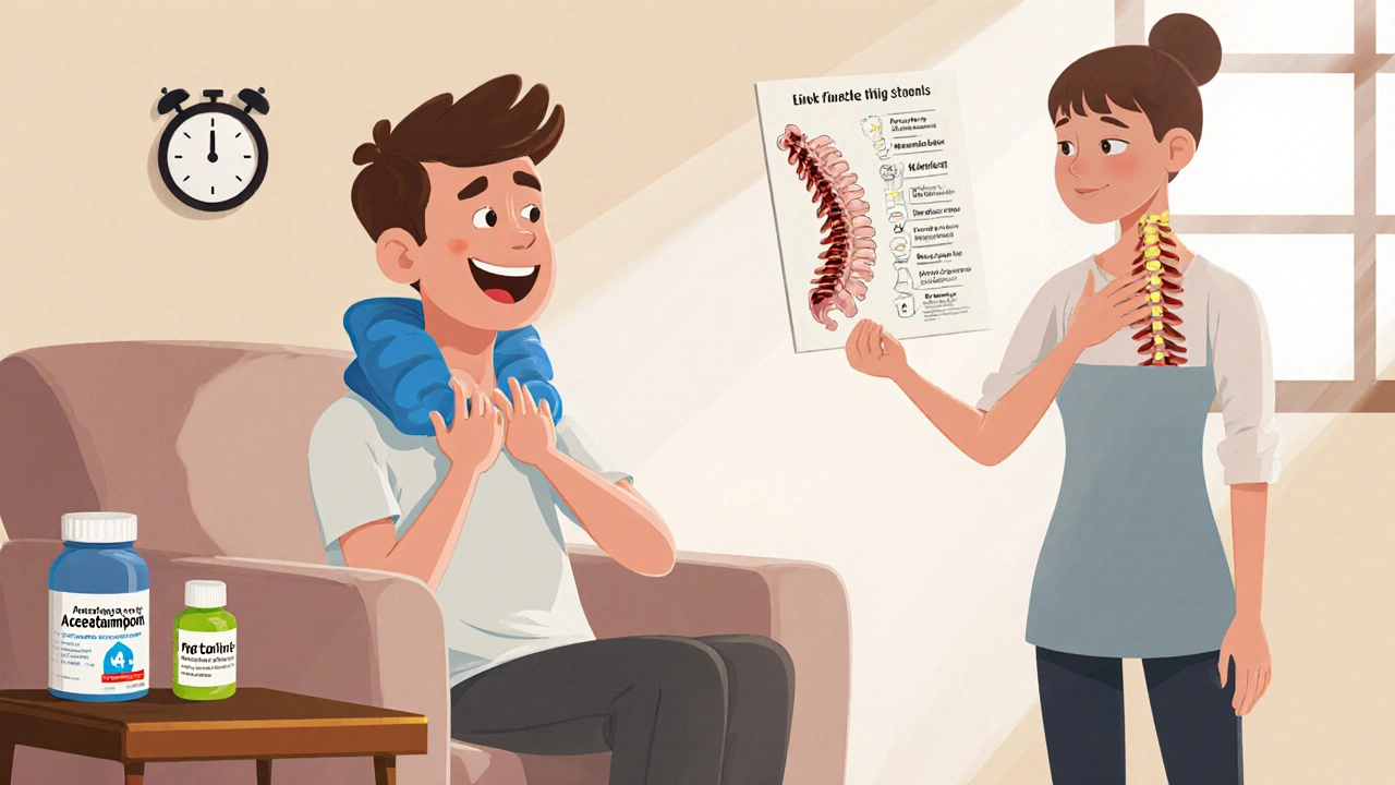 Person using ice pack, taking acetaminophen, stretching neck, and guided by a physical therapist.