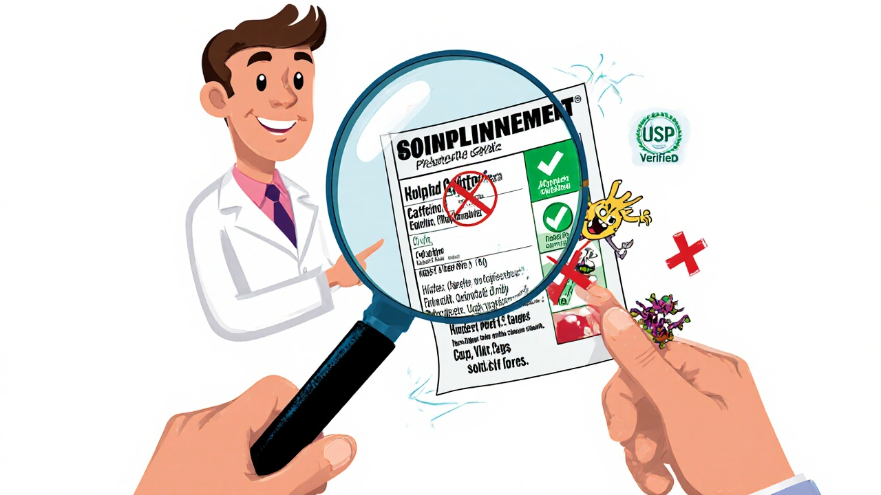 Pharmacist using magnifying glass to reveal hidden dangerous ingredients inside a proprietary supplement blend.