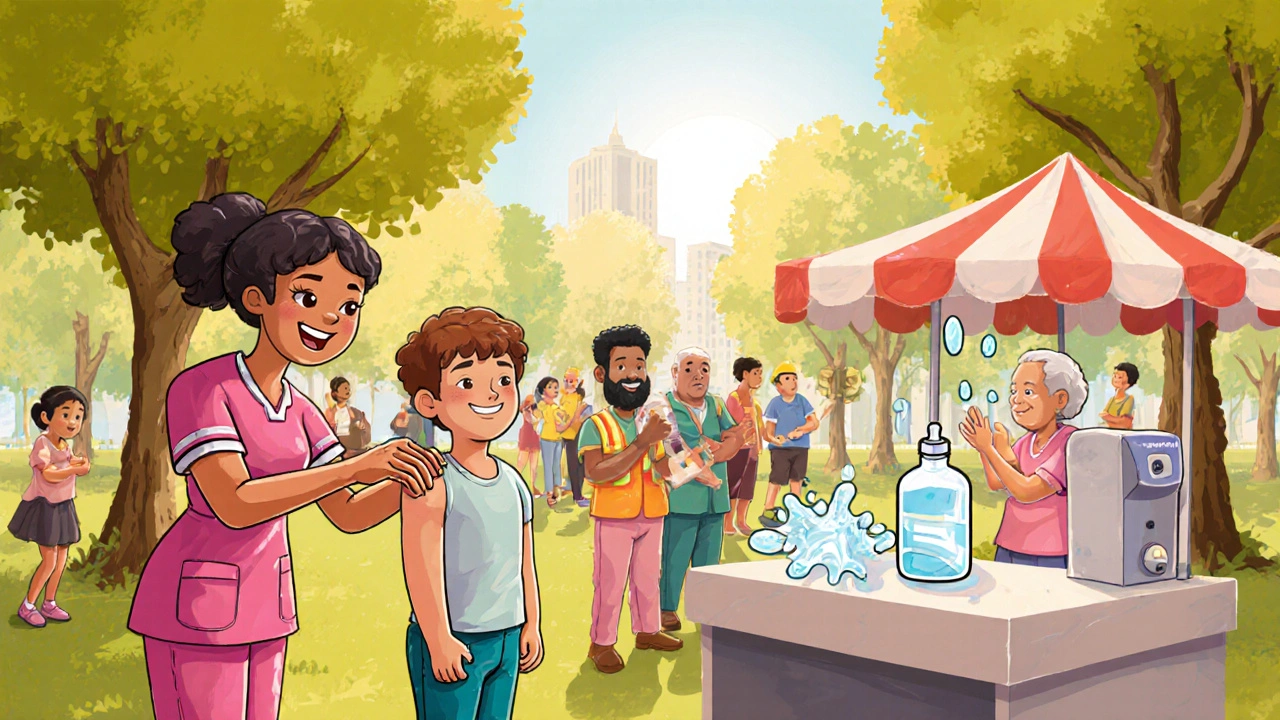 Pop‑up park clinic with diverse community members receiving flu shots and using hand‑sanitizer stations.