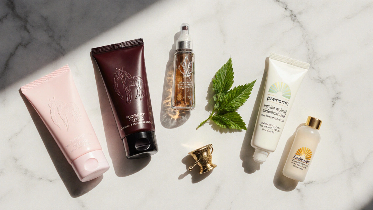 Six cream tubes with distinct colors and visual cues arranged on marble surface.