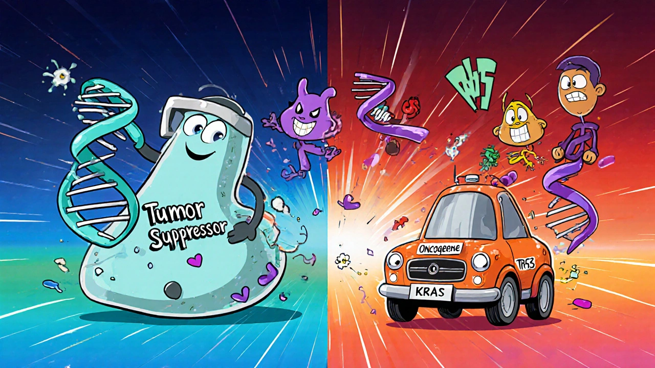 Split view of DNA brakes and accelerators affecting cartoon cell cars, featuring gene characters.