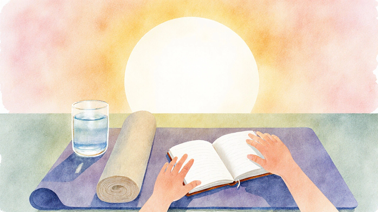 Sunrise over yoga mat, journal, and reaching hands representing confidence rebuilding.