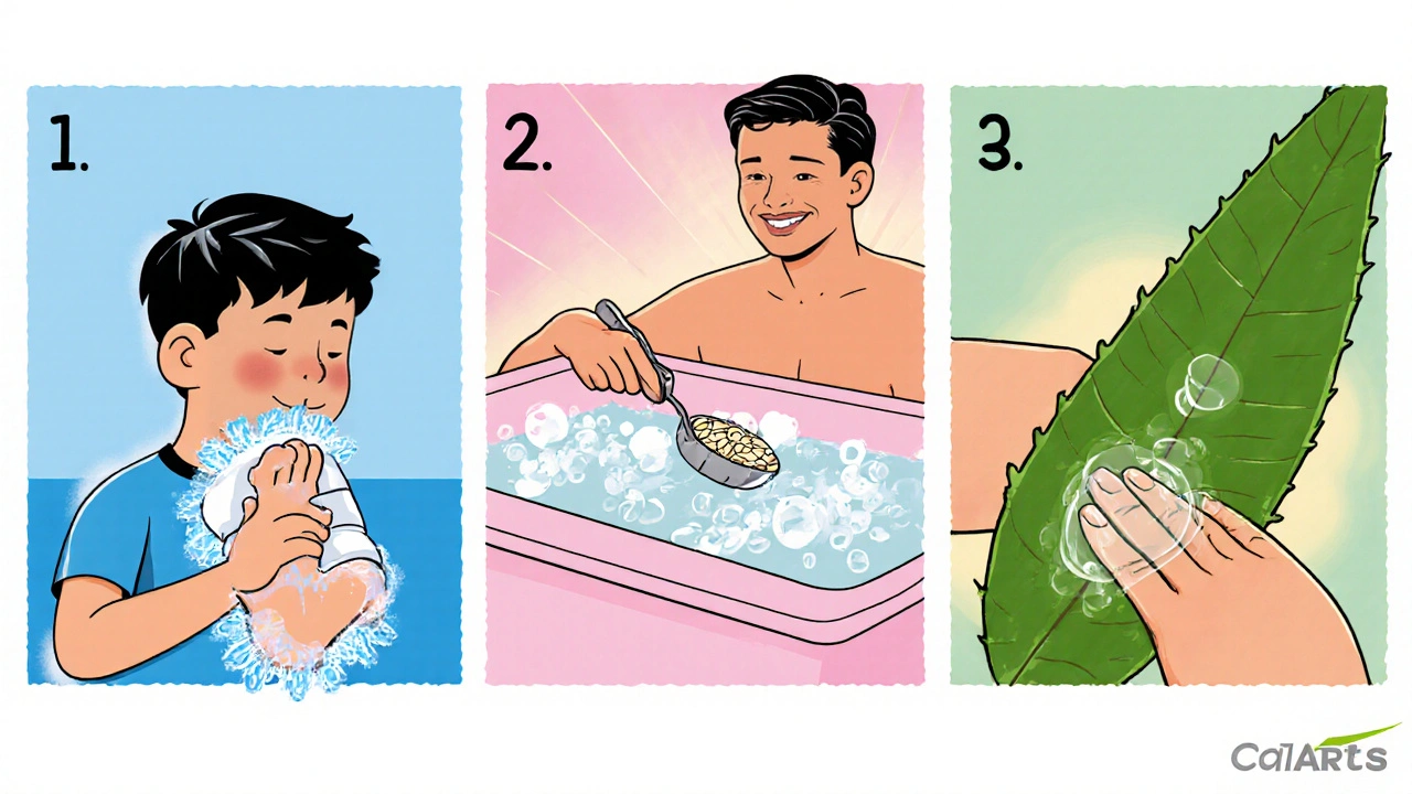 Three panels: cool compress on ankle, oatmeal bath, aloe gel applied to skin.