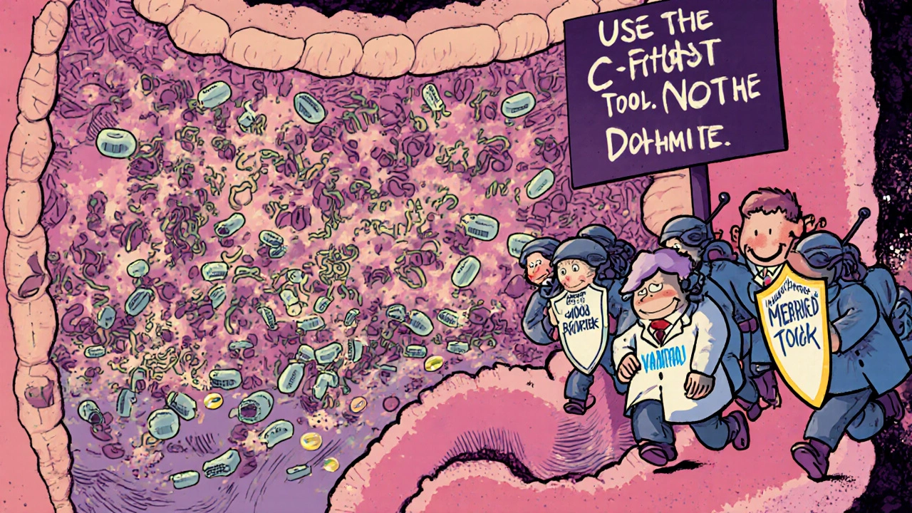 Tiny antibiotic soldiers fight bacteria in the gut—Cleocin’s team causes chaos while others advance cleanly with low-risk shields.