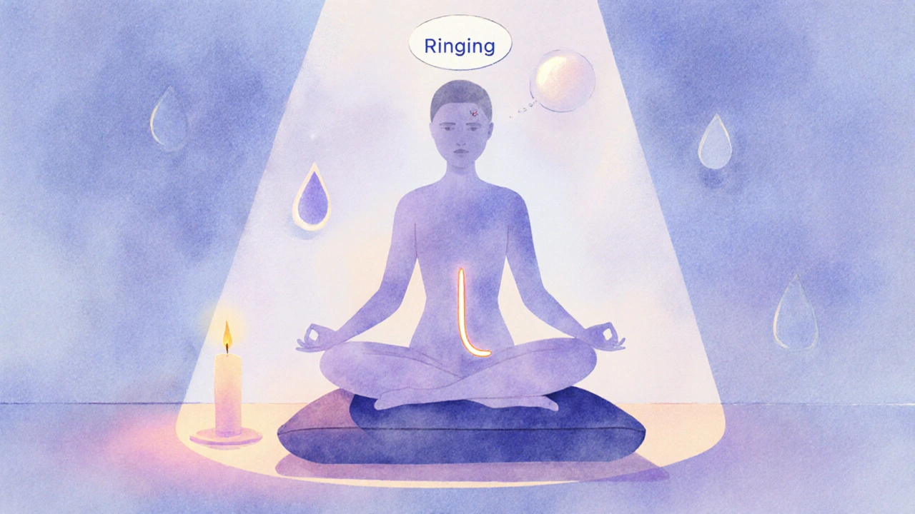 Watercolor meditation scene with breath line and fading ringing bubble.