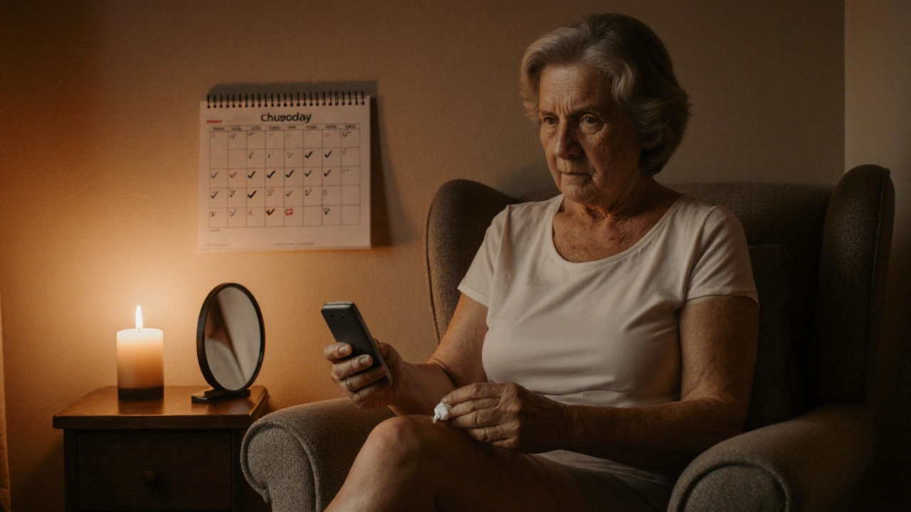 Woman applying estriol cream beside a candle and calendar marking weekly progress.