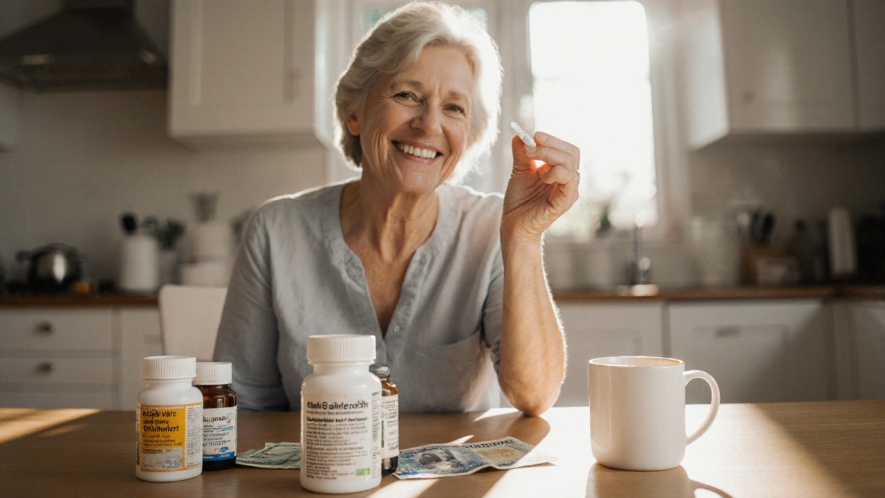 Woman at kitchen table holding a single tablet, with medication bottles and a modest bill nearby, looking relieved.