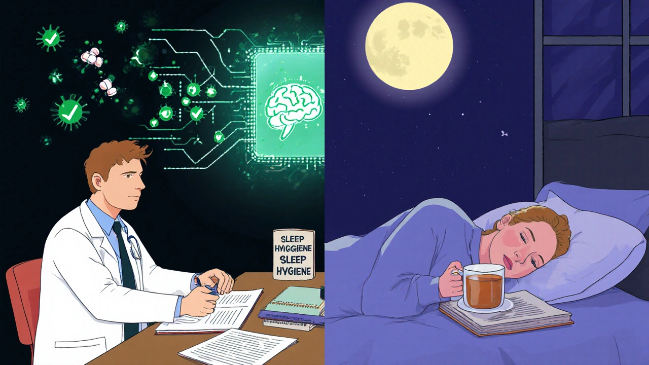 A doctor and patient reviewing medications while a digital system flags dangerous drug combos, with a peaceful alternative scene behind them.