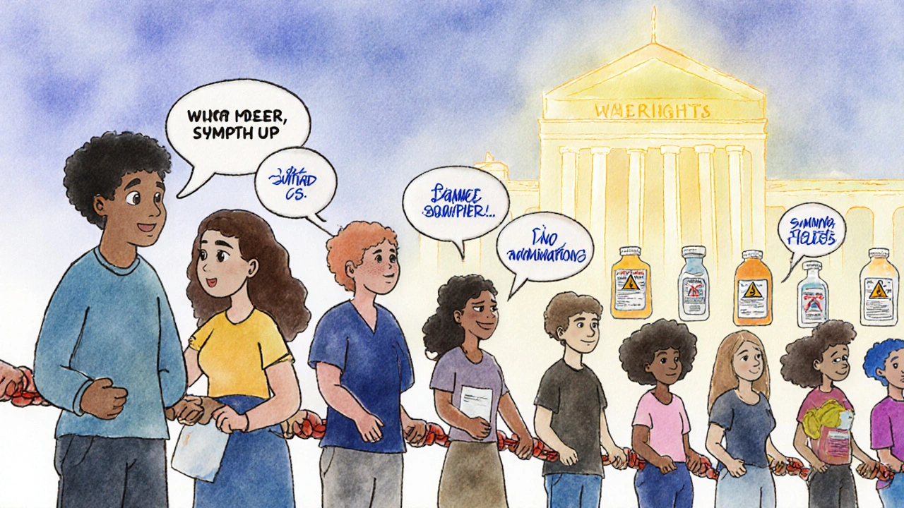 A group of people forming a chain of symptoms leading to an FDA building with warning labels appearing.