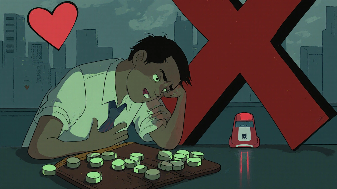 A man collapsing from a heart attack beside expired nitroglycerin tablets with a fading heart symbol.