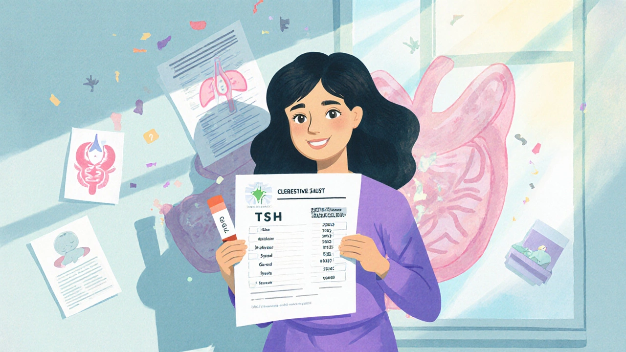 A new mom holding a thyroid test result, her shadow transformed into a healthy thyroid, sunlight streaming in.