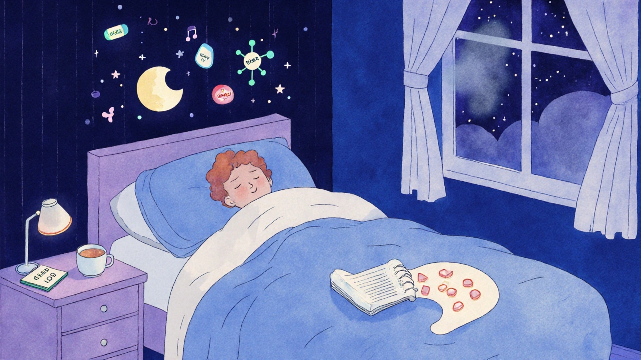 A peaceful sleeper at night with mirtazapine on the nightstand, glowing molecules and a fading amitriptyline pill.