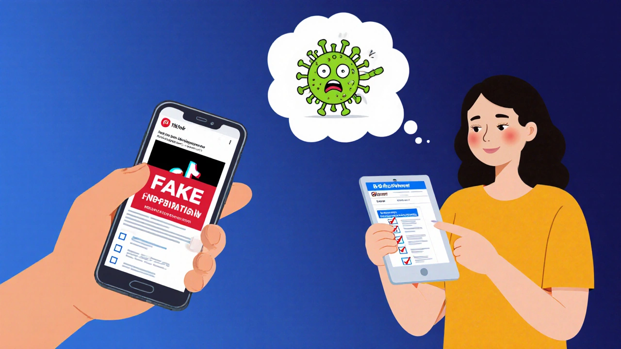 A person confronted by a fake drug warning on social media, while a pharmacist guides them to an official health website.