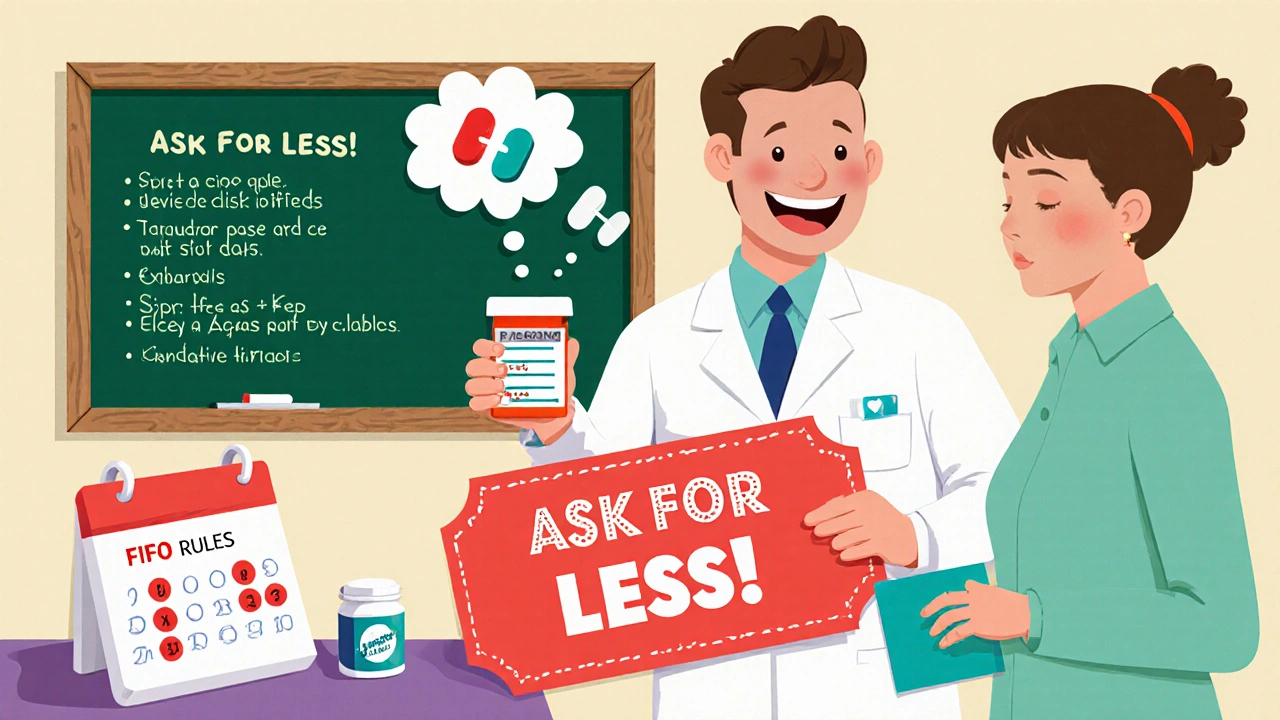 A pharmacist giving a small prescription while a patient holds a &#039;Ask for Less&#039; sign.