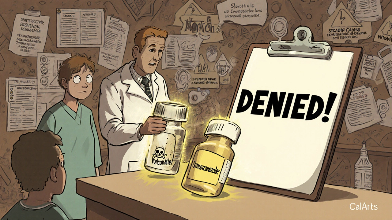 A pharmacist holds two antifungal pills — one blocked by an insurance denial stamp — while a confused patient looks on.