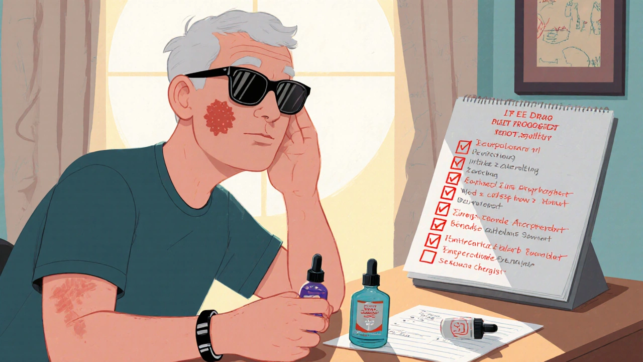 A survivor wearing sunglasses indoors, holding eye drops, with a medical alert bracelet and drug list nearby.