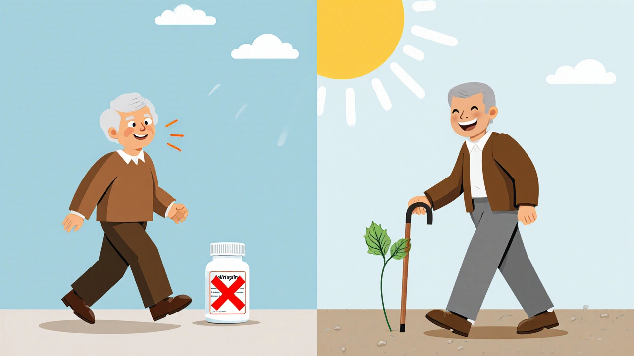 An elderly person transitioning from stumbling with amitriptyline to walking confidently with nortriptyline.